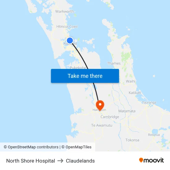 North Shore Hospital to Claudelands map