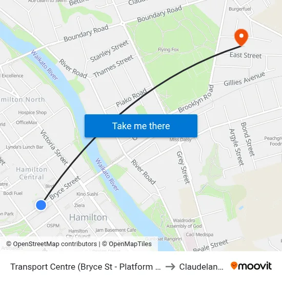 Transport Centre (Bryce St - Platform 3) to Claudelands map