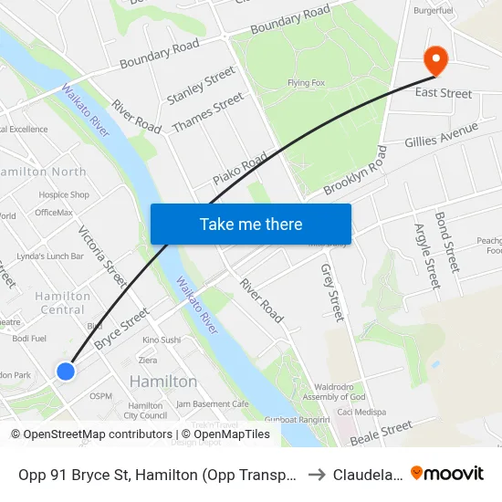 Opp 91 Bryce St, Hamilton (Opp Transport Centre) to Claudelands map