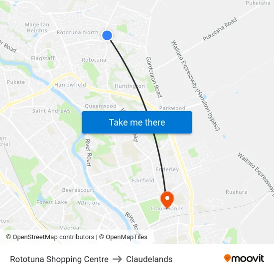 Rototuna Shopping Centre to Claudelands map