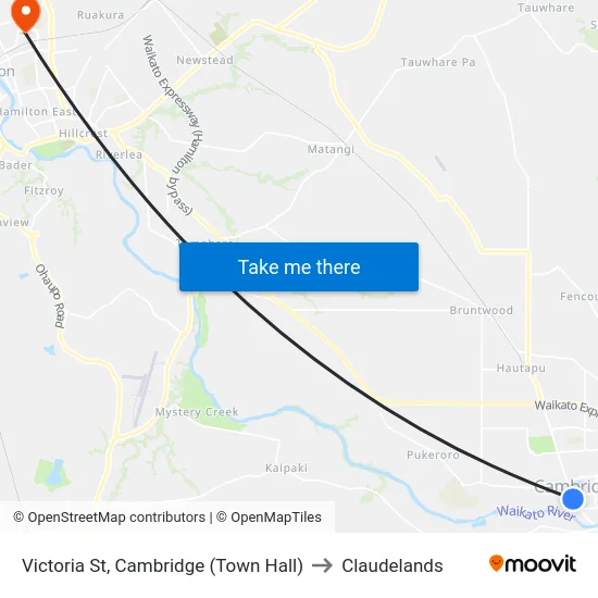 Victoria St, Cambridge (Town Hall) to Claudelands map
