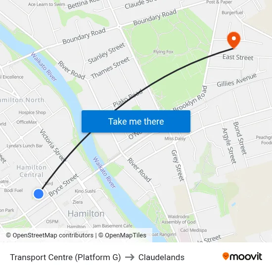 Transport Centre (Platform G) to Claudelands map