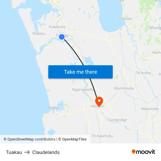 Tuakau to Claudelands map