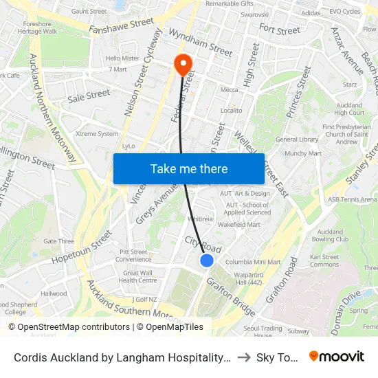 Cordis Auckland by Langham Hospitality Group to Sky Tower map