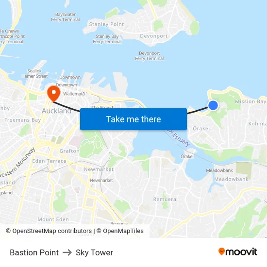 Bastion Point to Sky Tower map