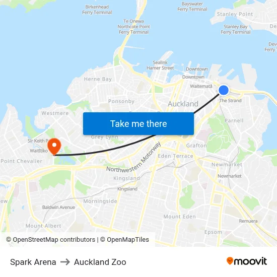 Spark Arena to Auckland Zoo map