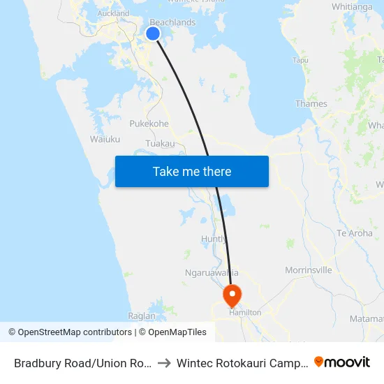 Bradbury Road/Union Road to Wintec Rotokauri Campus map