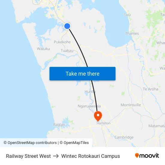 Railway Street West to Wintec Rotokauri Campus map