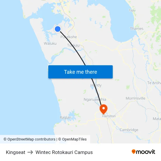 Kingseat to Wintec Rotokauri Campus map