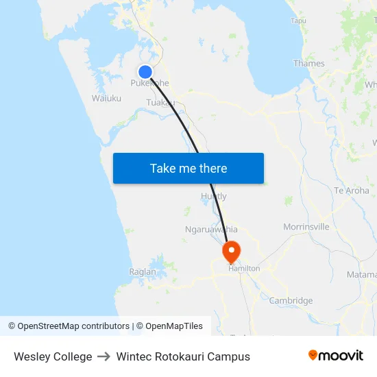 Wesley College to Wintec Rotokauri Campus map