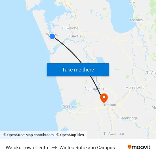Waiuku Town Centre to Wintec Rotokauri Campus map