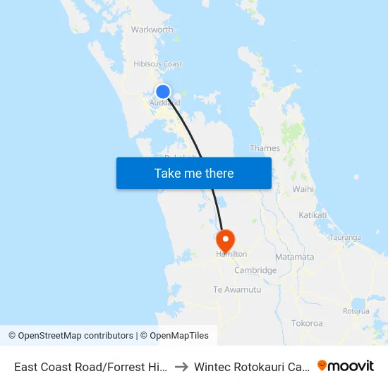 East Coast Road/Forrest Hill Road to Wintec Rotokauri Campus map