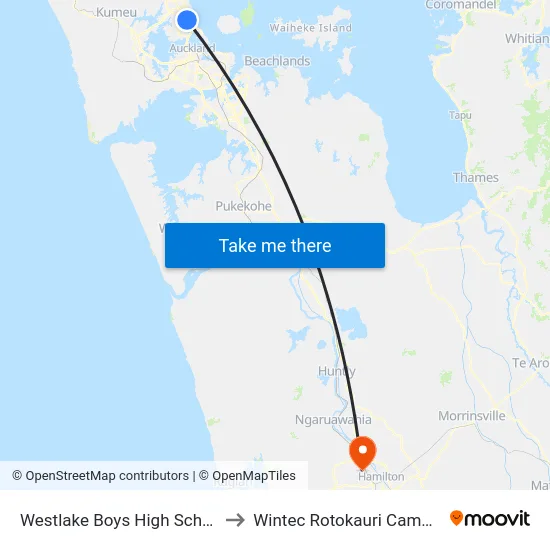 Westlake Boys High School to Wintec Rotokauri Campus map