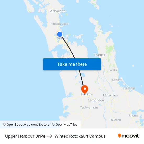 Upper Harbour Drive to Wintec Rotokauri Campus map