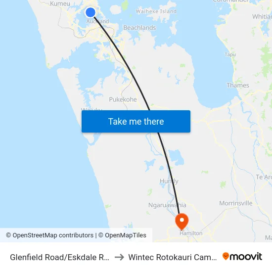 Glenfield Road/Eskdale Road to Wintec Rotokauri Campus map