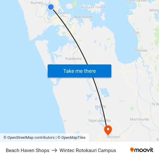 Beach Haven Shops to Wintec Rotokauri Campus map