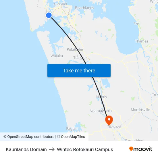 Kaurilands Domain to Wintec Rotokauri Campus map
