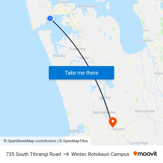 735 South Titirangi Road to Wintec Rotokauri Campus map