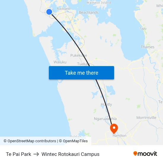 Te Pai Park to Wintec Rotokauri Campus map