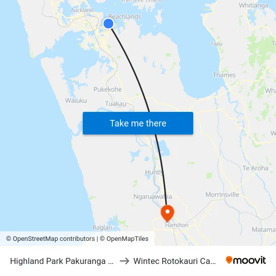 Highland Park Pakuranga Road to Wintec Rotokauri Campus map