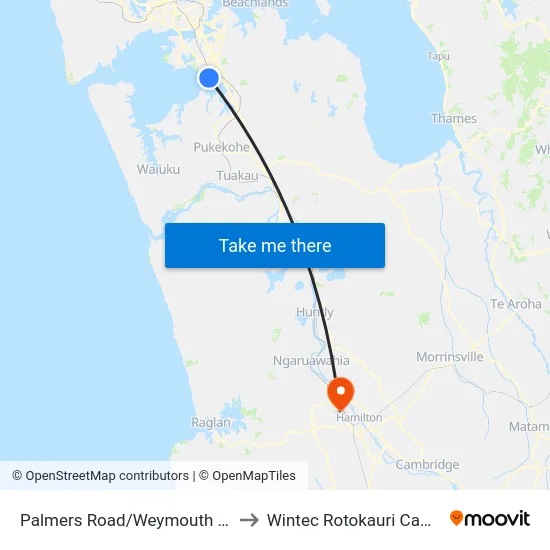 Palmers Road/Weymouth Road to Wintec Rotokauri Campus map