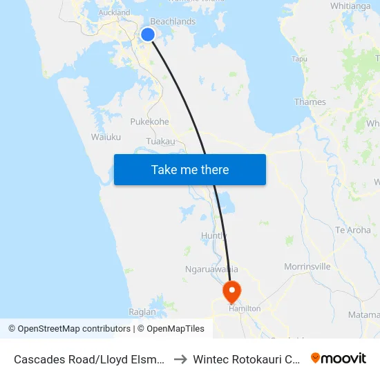 Cascades Road/Lloyd Elsmore Park to Wintec Rotokauri Campus map