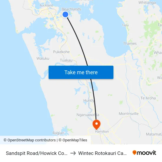 Sandspit Road/Howick College to Wintec Rotokauri Campus map
