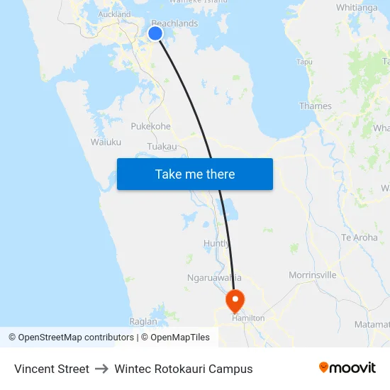 Vincent Street to Wintec Rotokauri Campus map
