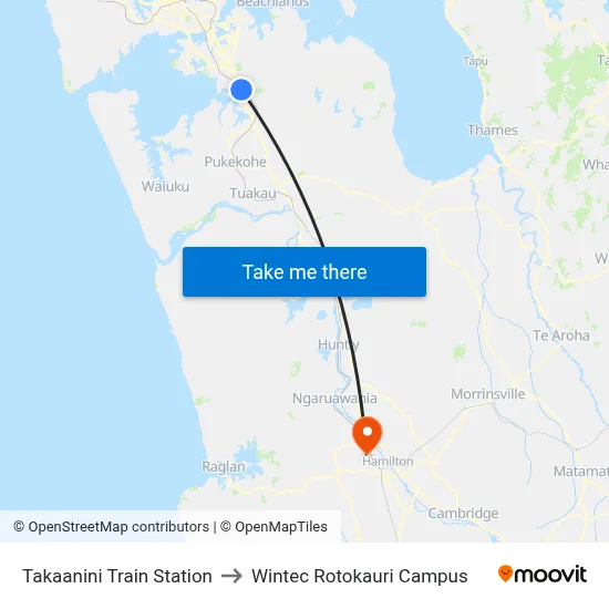 Takaanini Train Station to Wintec Rotokauri Campus map