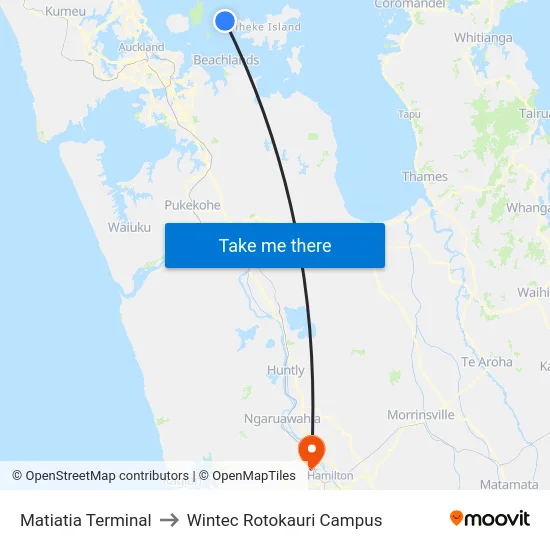 Matiatia Terminal to Wintec Rotokauri Campus map