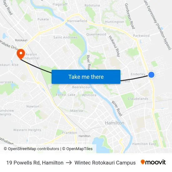 19 Powells Rd, Hamilton to Wintec Rotokauri Campus map