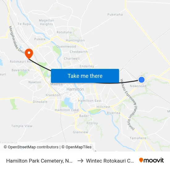 Hamilton Park Cemetery, Newstead to Wintec Rotokauri Campus map