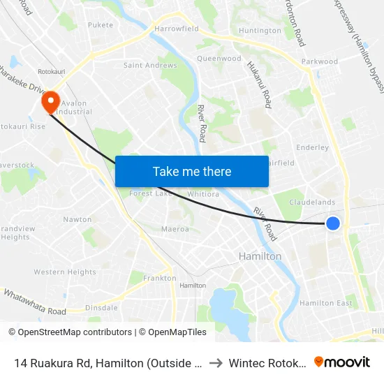 14 Ruakura Rd, Hamilton (Outside Hamilton City Holiday Park) to Wintec Rotokauri Campus map