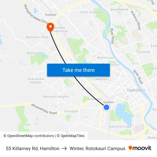 55 Killarney Rd, Hamilton to Wintec Rotokauri Campus map