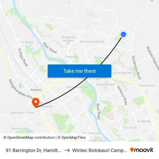 91 Barrington Dr, Hamilton to Wintec Rotokauri Campus map