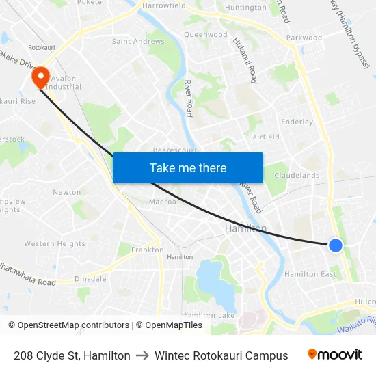 208 Clyde St, Hamilton to Wintec Rotokauri Campus map