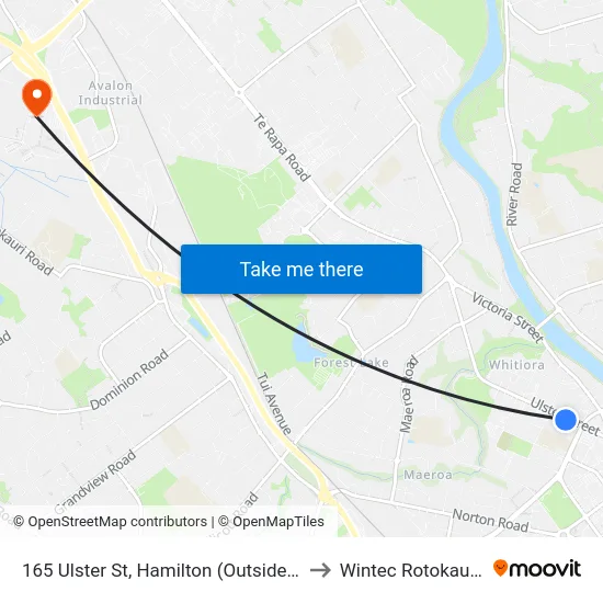 165 Ulster St, Hamilton (Outside Grosvenor Motel) to Wintec Rotokauri Campus map