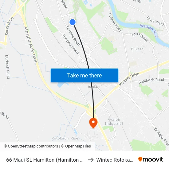 66 Maui St, Hamilton (Hamilton Mountain Bike Park) to Wintec Rotokauri Campus map