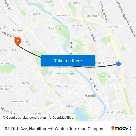 95 Fifth Ave, Hamilton to Wintec Rotokauri Campus map