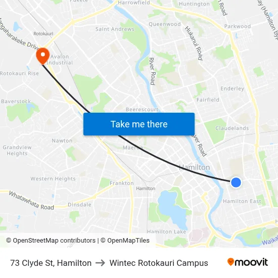 73 Clyde St, Hamilton to Wintec Rotokauri Campus map