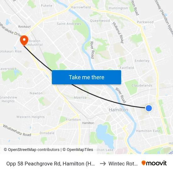 Opp 58 Peachgrove Rd, Hamilton (Hamilton Boys High School Main Entrance) to Wintec Rotokauri Campus map