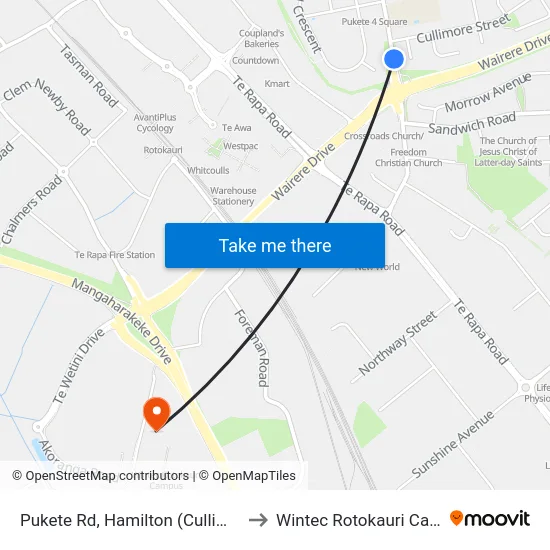 Pukete Rd, Hamilton (Cullimore St) to Wintec Rotokauri Campus map