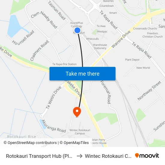 Rotokauri Transport Hub (Platform 2) to Wintec Rotokauri Campus map