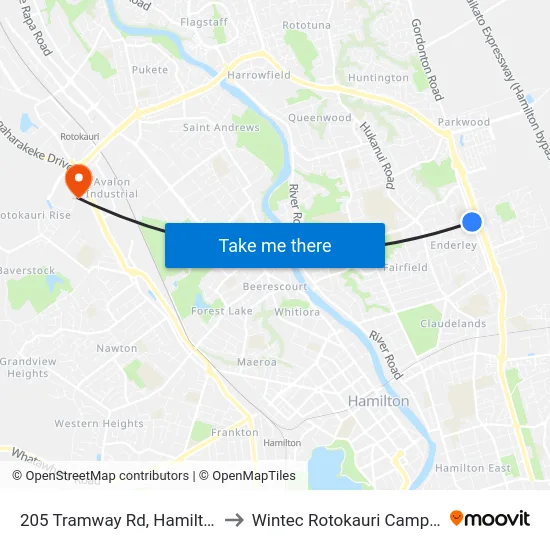 205 Tramway Rd, Hamilton to Wintec Rotokauri Campus map