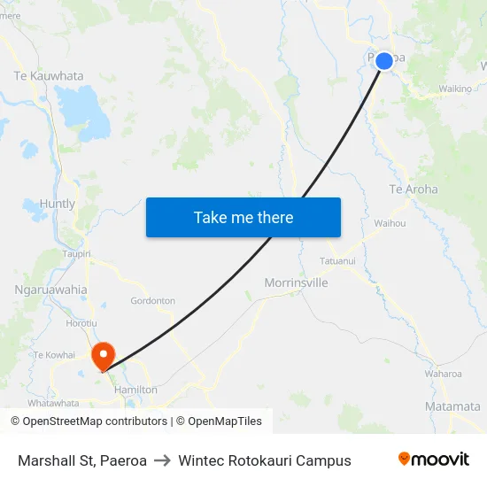 Marshall St, Paeroa to Wintec Rotokauri Campus map