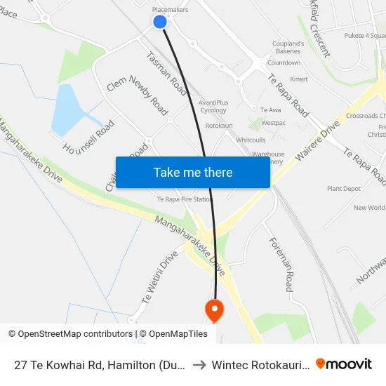 27 Te Kowhai Rd, Hamilton (Duncan & Ebbott) to Wintec Rotokauri Campus map