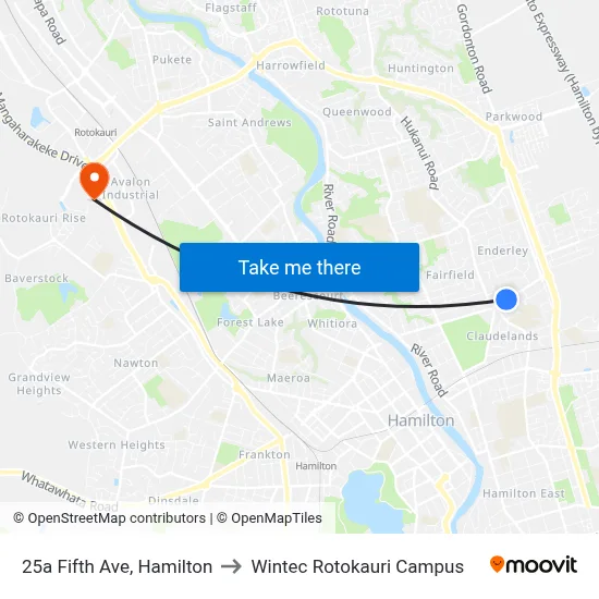 25a Fifth Ave, Hamilton to Wintec Rotokauri Campus map