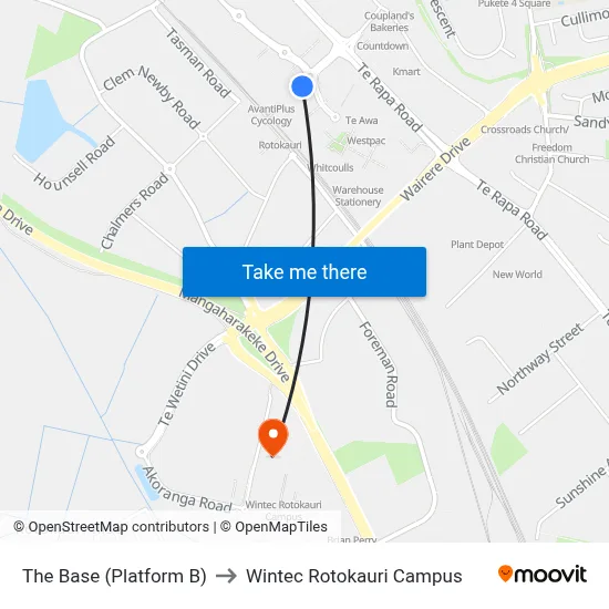 The Base (Platform B) to Wintec Rotokauri Campus map