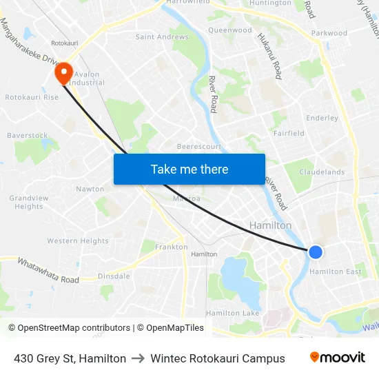 430 Grey St, Hamilton to Wintec Rotokauri Campus map