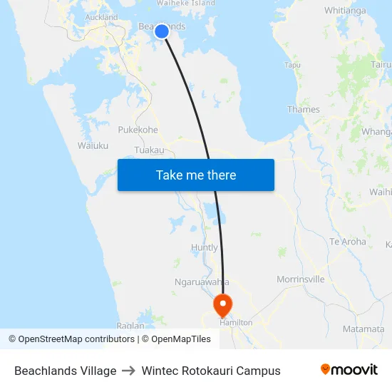 Beachlands Village to Wintec Rotokauri Campus map